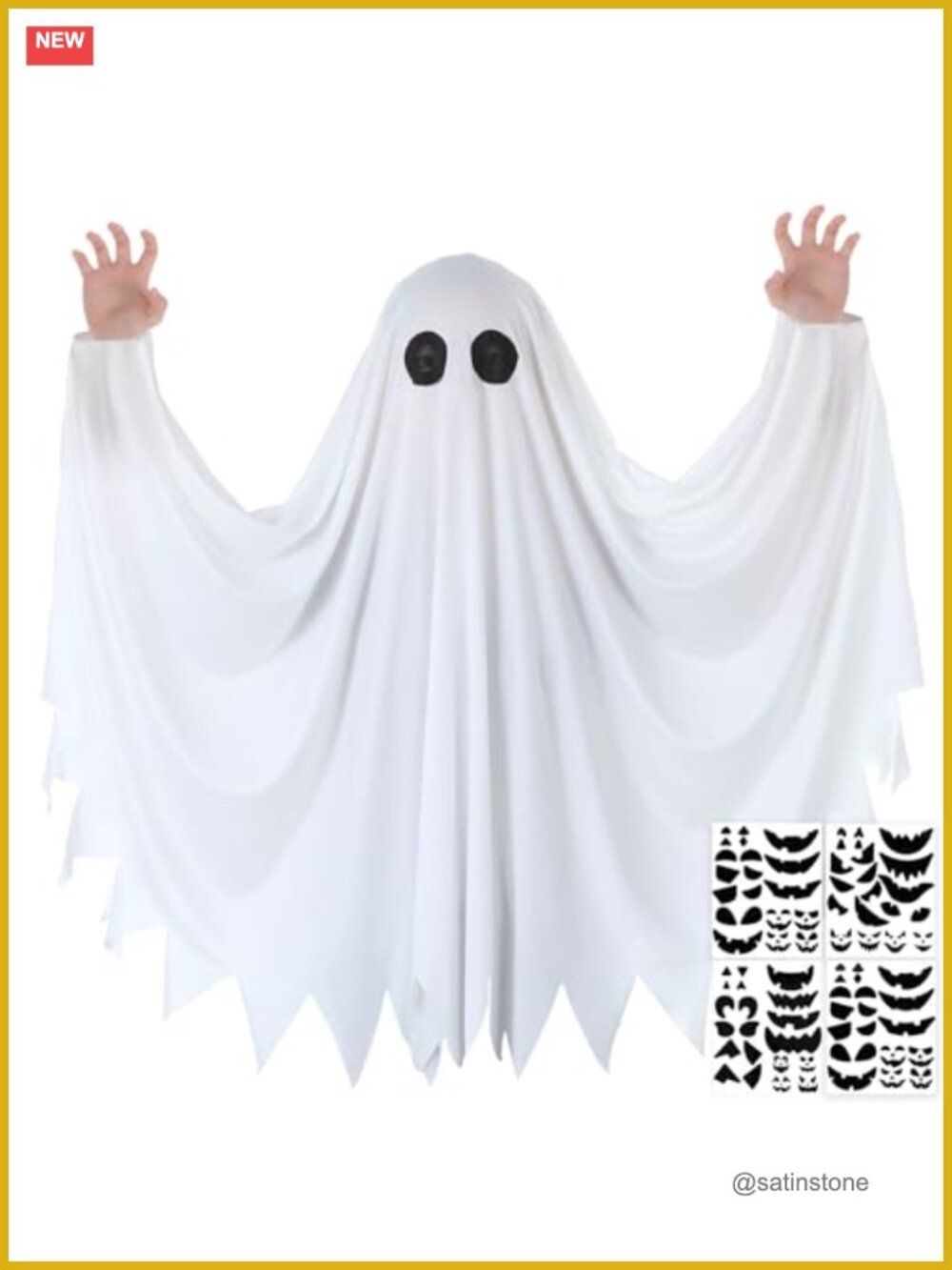 Ghost Halloween Costume with 4 Stickers White Fancy Dress Cloak Cosplay Trick